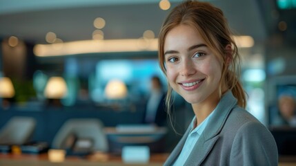 Fototapeta premium A receptionist at a business hotel reception desk, smiling as they check in corporate guests and provide conference room bookings.