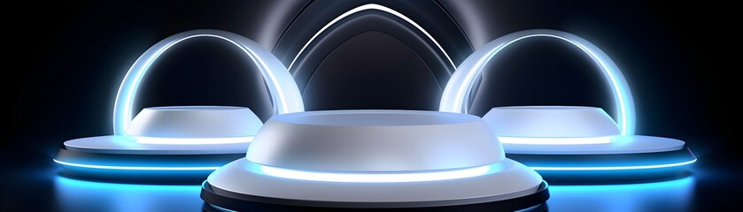 Futuristic 3D Podium Stage with Glowing Light Effects for Digital Display or Product Showcase