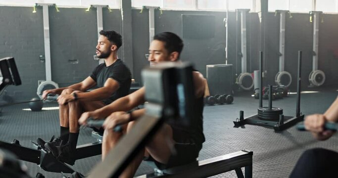 Workout, rowing machine and friends in gym for energy, wellness or sports for body health. Club, group and people exercise on ergometer for fitness, muscle and cross training for cardio together