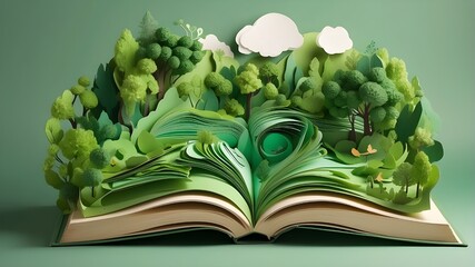 Open book featuring a charming, paper-styled green world with an emphasis on environmental preservation