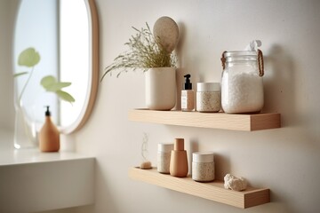 A detailed shot of a minimalist bathroom shelf, adorned with carefully curated essentials and decorative elements Generative AI