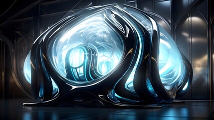 Futuristic Alien Science Fiction Architecture Visualization of 3D Building Interior with Open Gate