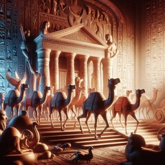 camels in front of a temple ancient egypt illustration - obrazy, fototapety, plakaty