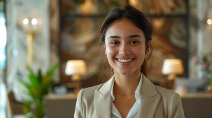 A receptionist at a luxury hotel lobby, smiling as they welcome guests and offer personalized concierge services. - obrazy, fototapety, plakaty