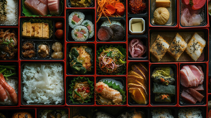 Top view of multi-type sushi in bento boxes, showcasing the diverse flavors of Japanese cuisine
