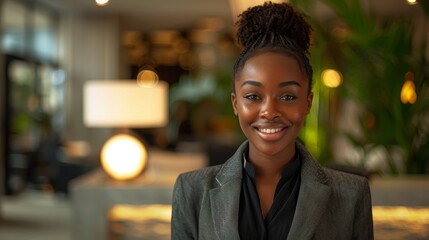 A receptionist at a luxury hotel lobby, smiling as they welcome guests and offer personalized concierge services.