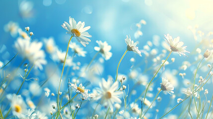 A beautiful view of wild daisies under a sunny sky, featuring soft selective focus.
