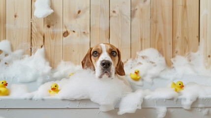 Beagle Dog Enjoying a Bubble Bath with Rubber Duckies