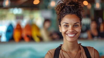 A receptionist at a waterfront hotel, smiling as they check in guests and offer kayak and paddleboard rentals. - obrazy, fototapety, plakaty