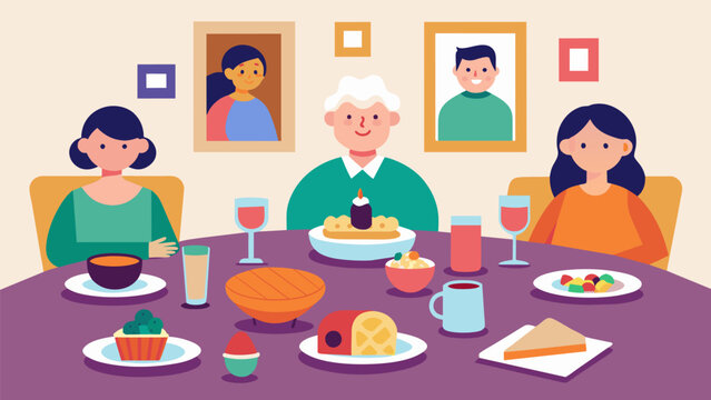 A table full of food drinks and pictures of ancestors as family members share memories and stories of those who came before them.. Vector illustration