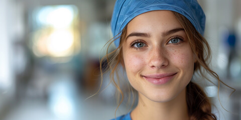 Obraz premium A female surgeon smiles at the camera while wearing a blue bandana