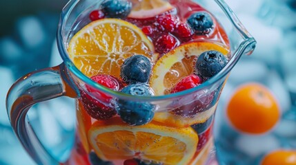 A pitcher of fruit-infused water with floating slices of citrus fruits and berries, a refreshing and hydrating beverage option. - obrazy, fototapety, plakaty