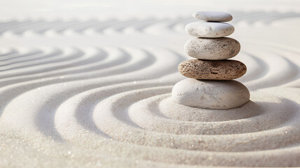 Stone for meditation in the Japanese Zen garden, sand and stones for harmony and balance.