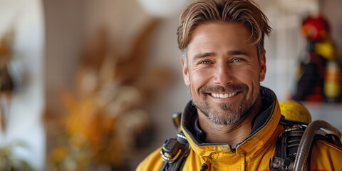 A fireman in a yellow firemans uniform smiling banner