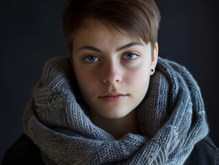 "Androgynous Youth with Piercing Gaze in Knitted Scarf"