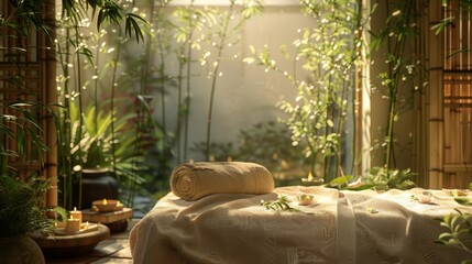 A relaxation massage on a massage table with natural bamboo linens, highlighting the eco-friendly and sustainable aspects of the spa.