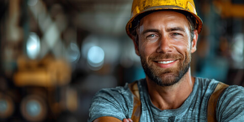 A foreman wearing a hard hat and overalls smiles happily banner