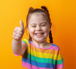  happy smiling cute girl with down syndrome, special needs, downWaited children giving thumbs up gesture on colorful background