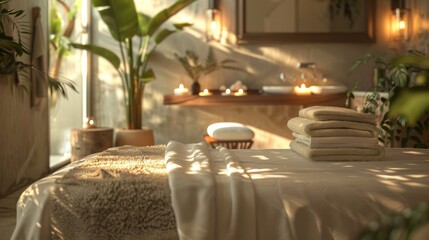 A serene spa setting with natural lighting, showcasing massage therapists providing relaxing treatments to clients.