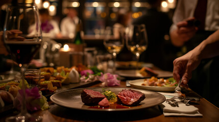 An intimate gourmet dining experience with a chef meticulously plating a dish, capturing the essence of culinary art in a luxurious setting