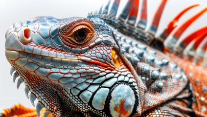 Fototapeta premium A closeup an iguana, its scales in vibrant blue with red patterns on top. micro photography