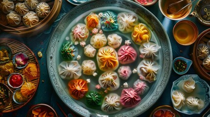 A platter of colorful dumplings floating in a savory broth, showcasing the diversity and artistry of Chinese cuisine.