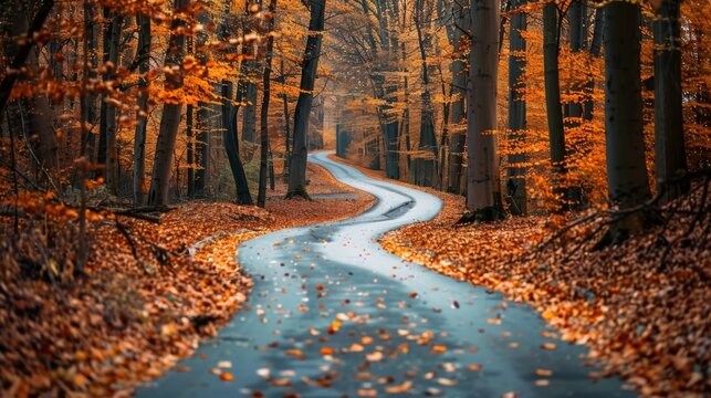 A landscape photo of a winding road surrounded by trees with leaves in shades of rust and gold..