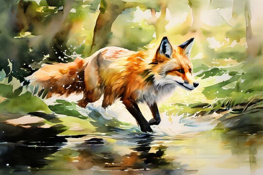 Draw an image of a fox in watercolor. Generative AI