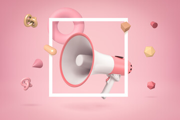 3d rendering of white and pink megaphone placed in flat white frame