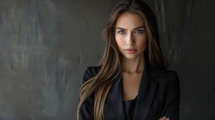 Naklejka premium A portrait of a confident businesswoman with long, sleek hair, symbolizing power and sophistication in the corporate world.