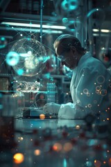 biochemist working on scientific research in a futuristic laboratory with icons of atoms with molecules, in the style of bokeh panorama, 
