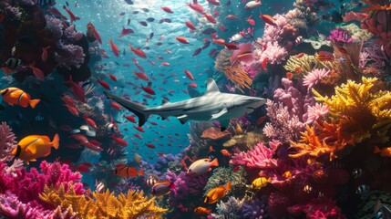 A school of colorful fish darting away as a reef shark gracefully glides through the coral reef.