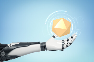 3d close-up rendering of black and white android levitating a yellow icosahedron on light blue background.