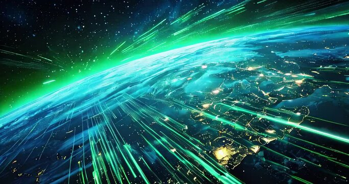 Bright green streams of data flowing across a digital image of the Earth from space. Concept of global information transfer, internet and communication