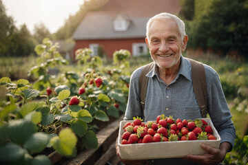 An old man, a pensioner with a strawberry harvest in his garden near his house.