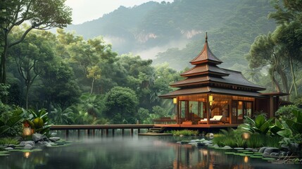 A traditional Thai massage pavilion overlooking a natural landscape, offering guests a peaceful retreat for relaxation and rejuvenation.