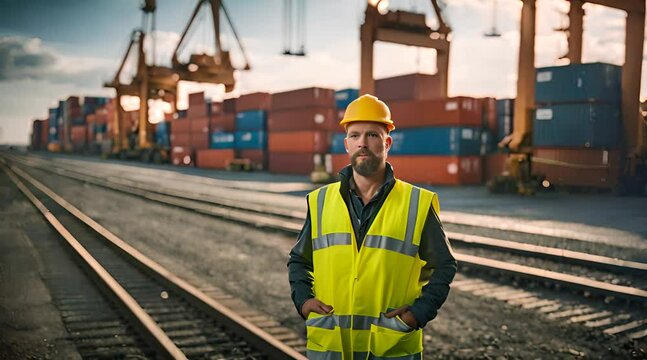 Arbeiter in Warnweste steht am Frachthafen