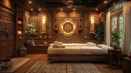 A tranquil Thai massage studio with traditional decor and soft lighting, showcasing therapists performing authentic Thai massage techniques.