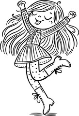 Sketch, a cute cartoon girl dances joyfull. Isolated outline vector illustration. Coloring book page for children