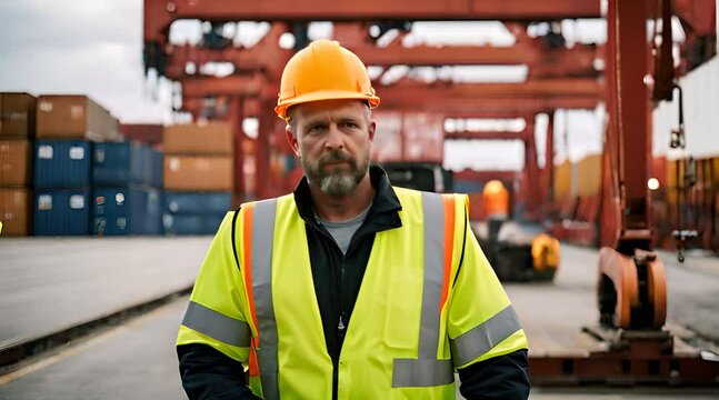 Arbeiter in Warnweste steht am Frachthafen