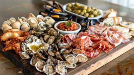 A seafood lover's charcuterie board featuring an assortment of smoked oysters, pickled clams, and marinated mussels.