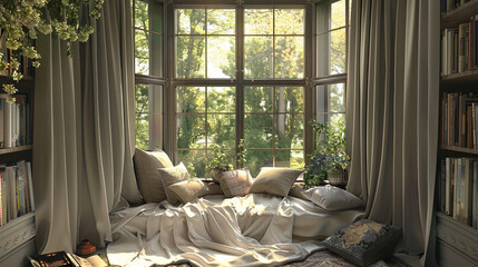 A cozy reading nook nestled by a bay window, with floor-to-ceiling curtains.