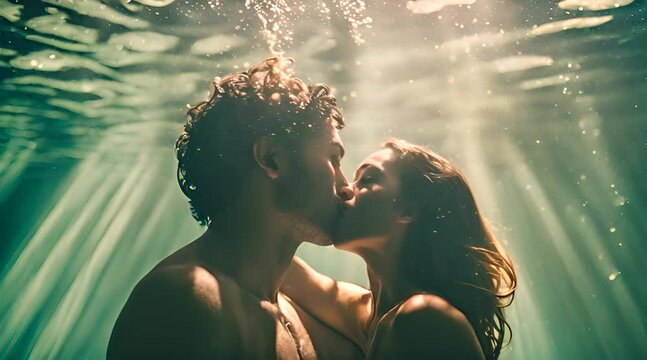 Mann und Frau k&uuml;ssen sich Unterwasser