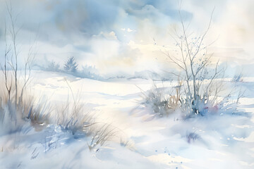 冬の雪景色を水彩で表現した背景