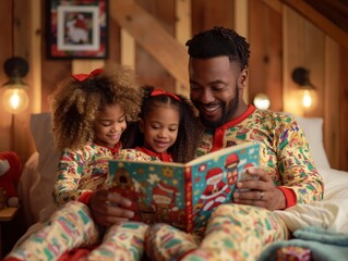 A man is reading a book to two young girls in pajamas. The book is about Santa Claus and the girls are smiling. Scene is warm and joyful