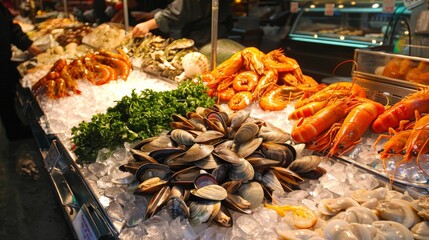 A seafood market stall showcasing a variety of shellfish, including mussels, clams, and oysters, for sale on ice.