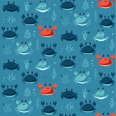Seamless crab vector pattern, underwater life