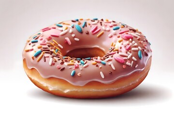 Close up of an isolated pink frosted donut with sprinkles on it on a white background. Donut day.