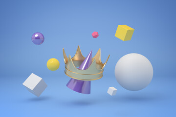 Floating king's crown among geometric shapes
