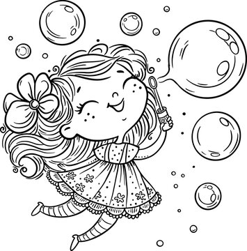 Cartoon Little Girl Blowing Soap Bubbles. Kids Clipart. Outline Vector Illustration. Coloring Book Page